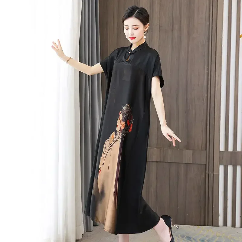 

Large-Size Silk Dress Middle-Aged And Old Cheongsam Loose 2023 Summer Chinese Style Vintage Elegant Printed Dress Qipao Z471