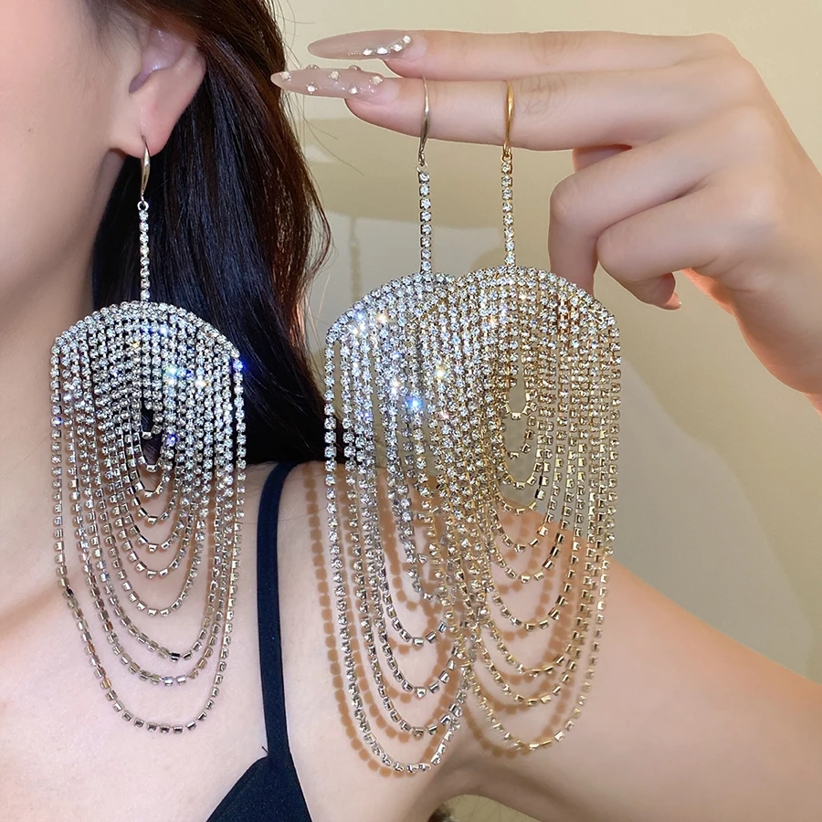 Gold Silver Tone Clear Cubic Zirconia Earring Large Round Fan Shaped Tassel Alloy Long Drop Earrings for Women Party Wear