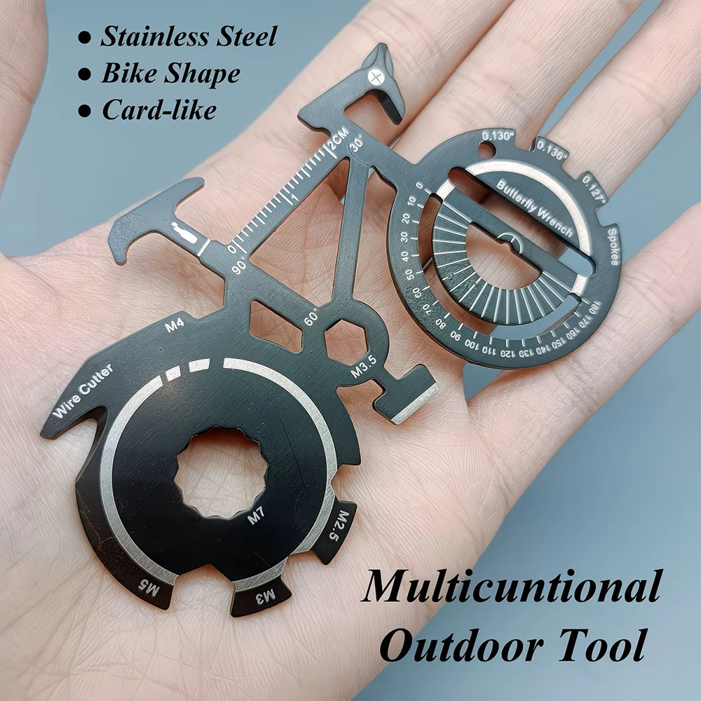 

20-in-1 Stainless Steel Bike-Shaped Multitool Card for Camping Cycling, Pocket Tool with Wrench, Screwdriver, Bottle Opener