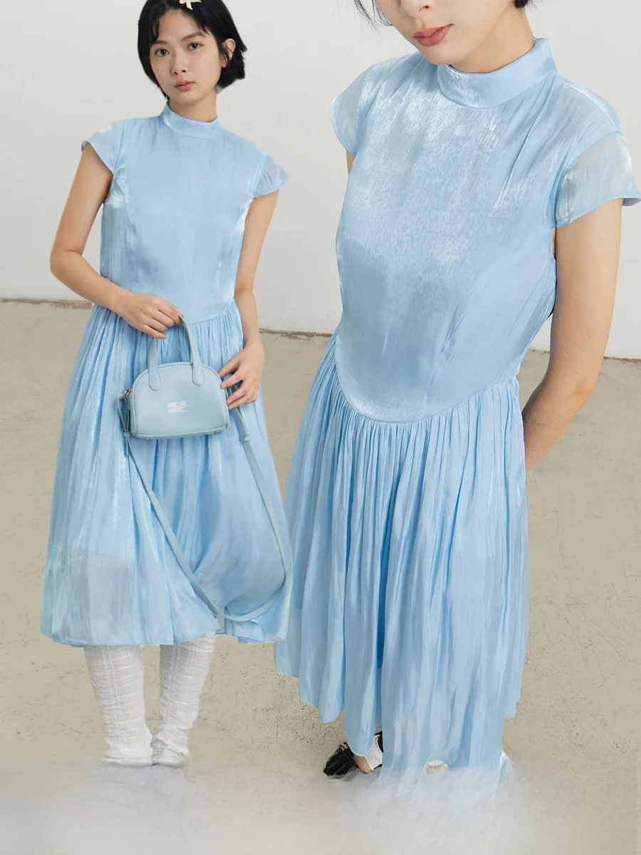 

Шелковое атласное балетное платье Crnenter с плиссированной юбкой и рукавами-фонариками, с высоким воротником, женское