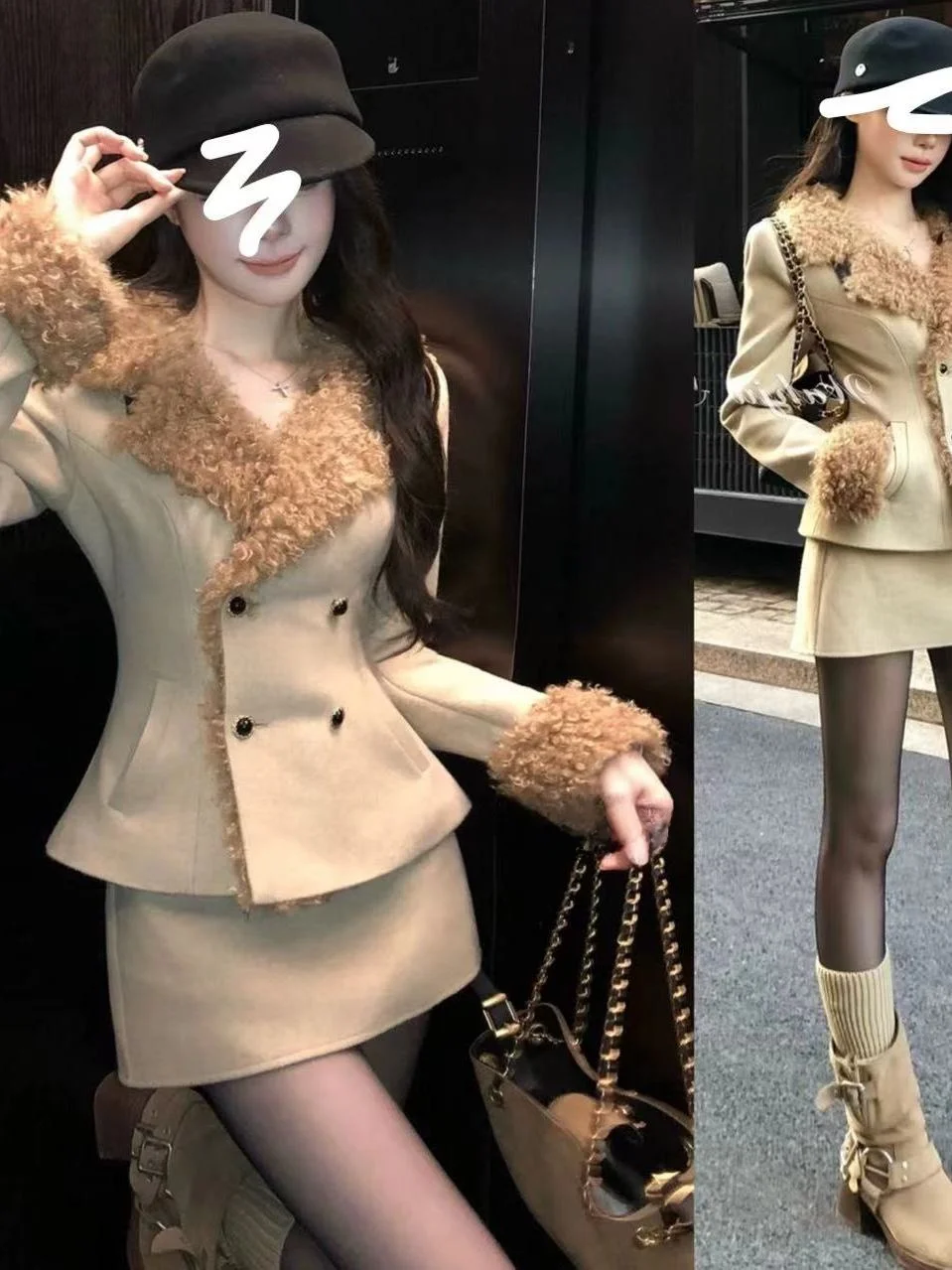 Slimming Effect High Waist Jacket Short Skirt Two Piece Set Fashionable Stand Collar Button Design Women's Winter Outfit