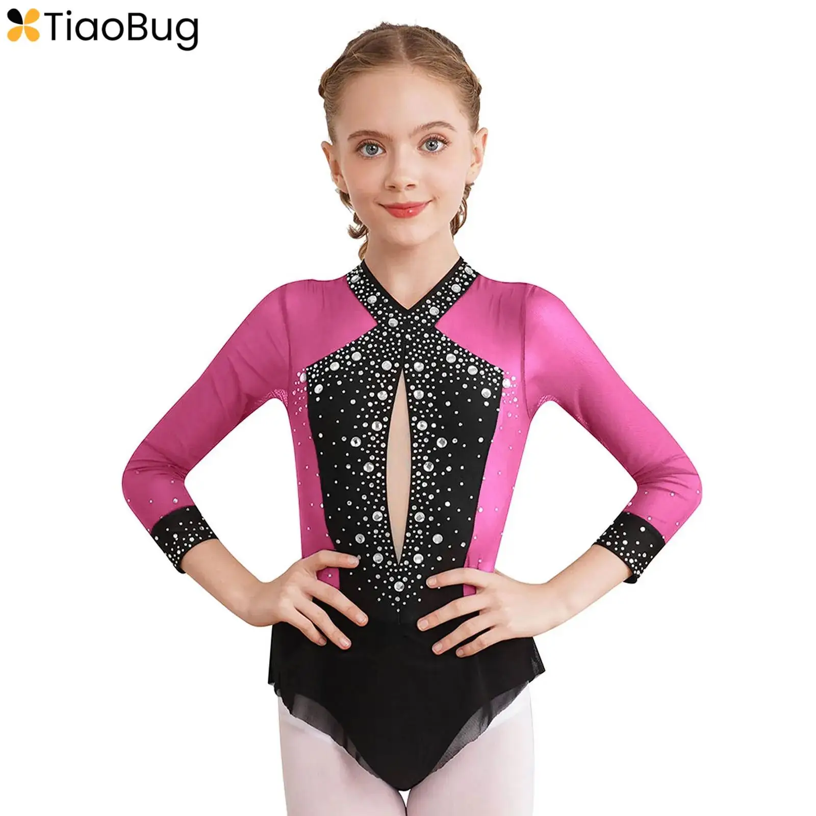 

Kids Girls Shiny Rhinestones Leotard 2024 Sheer Mesh Patchwork Skirted Bodysuit for Dance Figure Skating Rhythmic Gymnastics