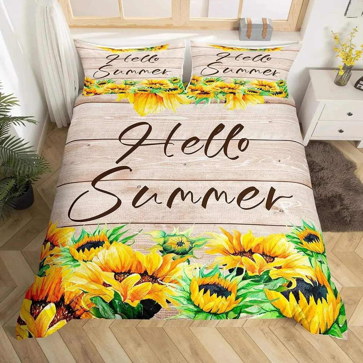 

Hello Summer Comforter Cover Yellow Sunflower Bed Set,Farmhouse Duvet Cover Brown Stripe Old Wood Door Green Leaves Bedding Sets