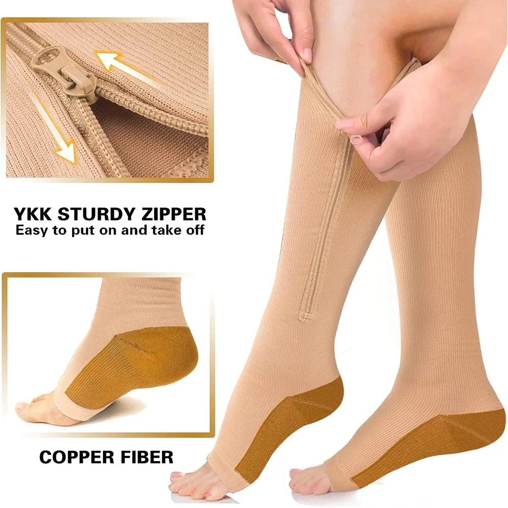 1Pair Zipper Compression Socks Women & Men - 2Pairs Calf Knee High 15-20mmHg Open Toe Compression Stocking suit for Walking