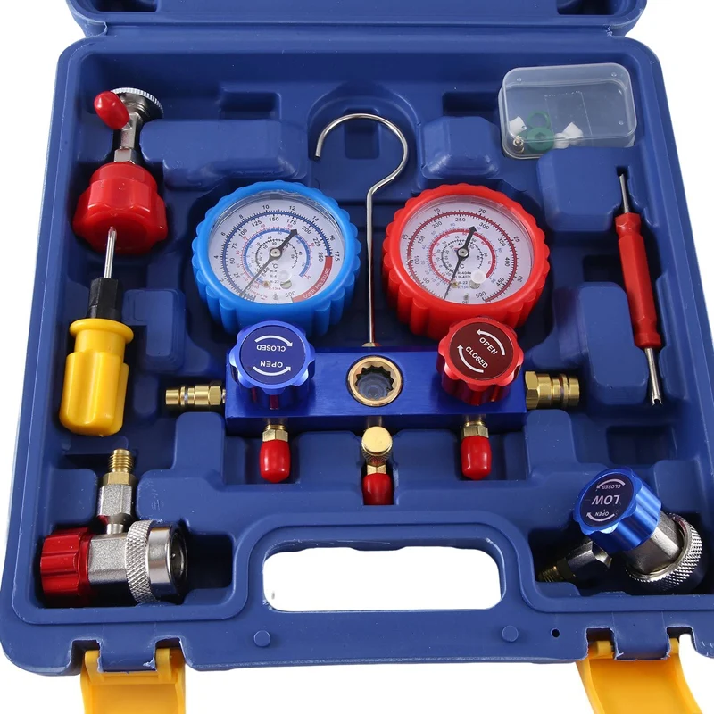 AC Manifold Gauge Set AC Diagnostic Manifold Gauge Set With 5FT Hoses Adapter, 1/4Inch Hose Connectors, 3-Way AC Gauges