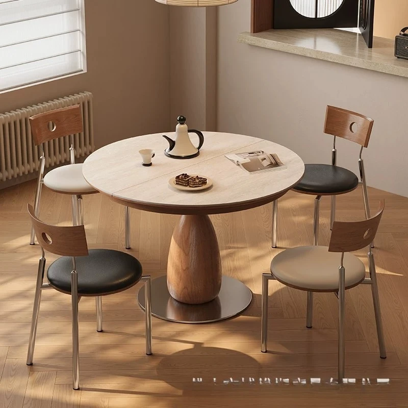 Travertine rock slab solid wood telescopic round dining table becomes oval stretching table modern folding