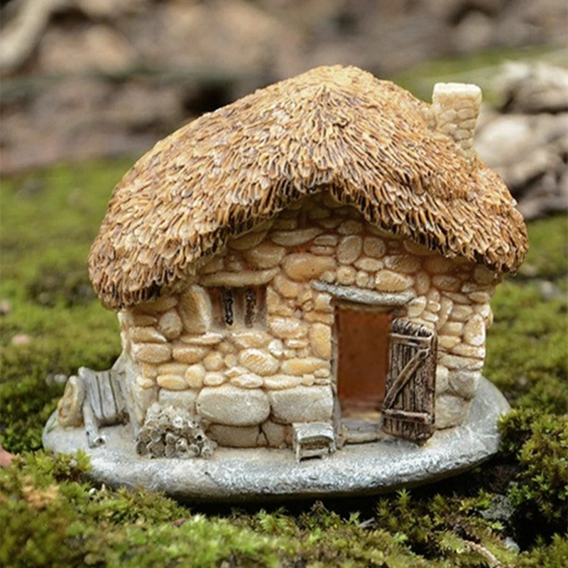 Miniature Thatched Cottage House Statue Fairy Garden Landscape Outdoor Lawn Decorative Villa Ornament Flowerpot Accessories