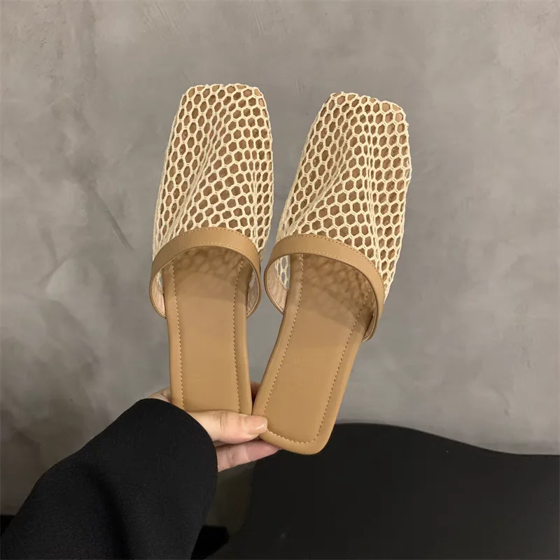 Summer Women Slippers Sexy Mesh Mules Indoor Home Slides Square Toe Female Flats Shoes Outdoor Clogs Beach Sandals Flip Flops