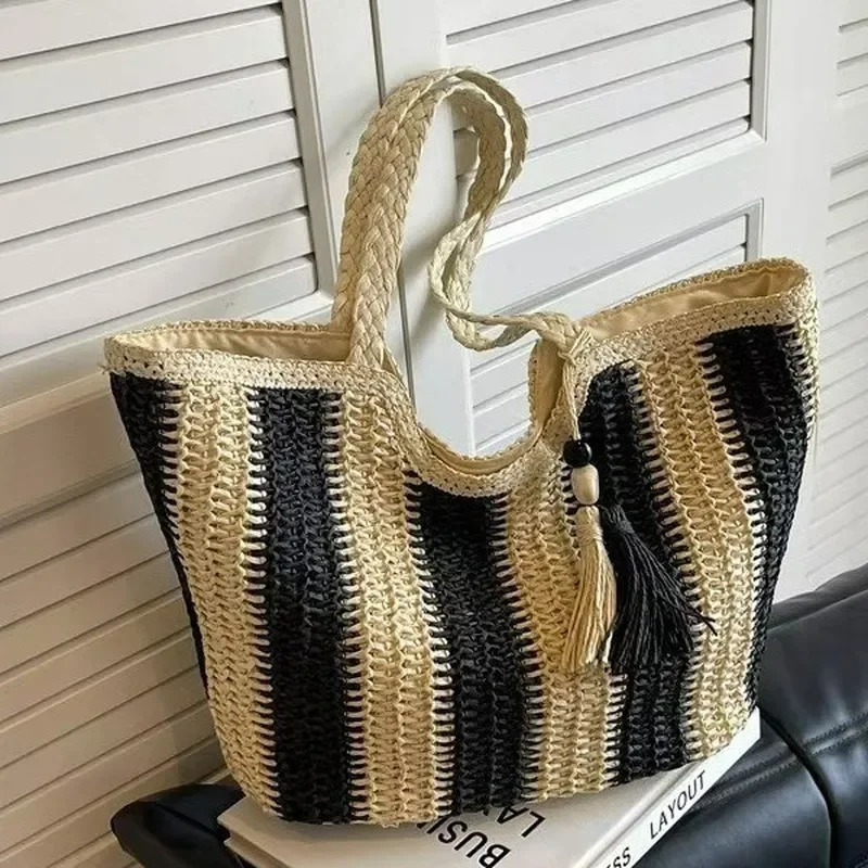 Striped woven straw tote bag for women large capacity beach vacation handbag seaside summer accessory view 3