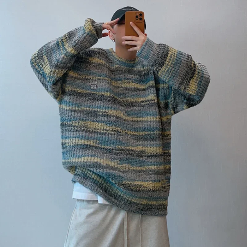 Vintage Striped Sweaters Men Autumn Contrast Color American Commuting Style  All-match Males Knitwear Hip Hop Hipster Pullovers