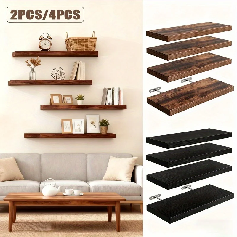 2/4Pcs Wooden Modern Simple Floating Shelf Nordic Style Wall Shelf Invisible Bracket Load-Bearing Strong Thickened Shelf