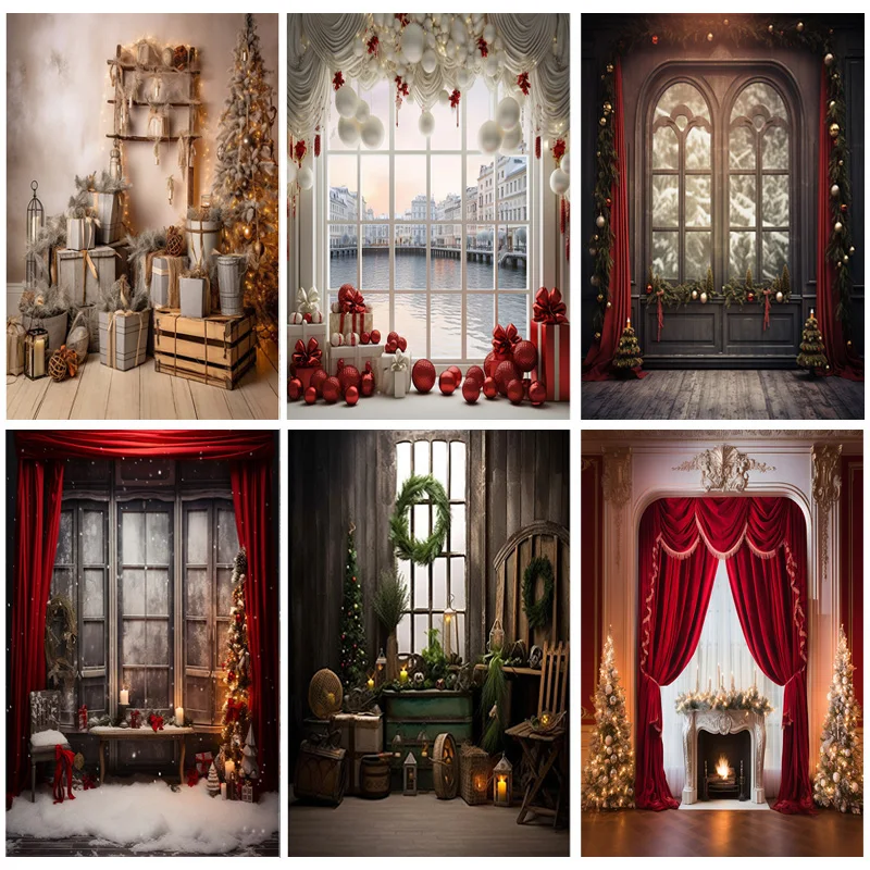 

Vintage Christmas Day Photography Backdrops Prop Fireplace Winter Xmas Tree Decoration Flower Garland Wood Door Background JL-01