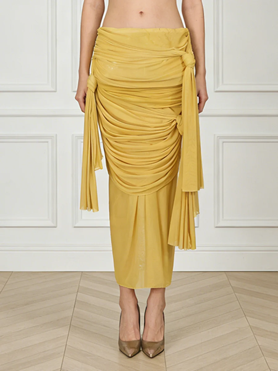 

Модная юбка для женщин с эффектом стройности, с высокой талией, прозрачными вставками и дизайном с узелками