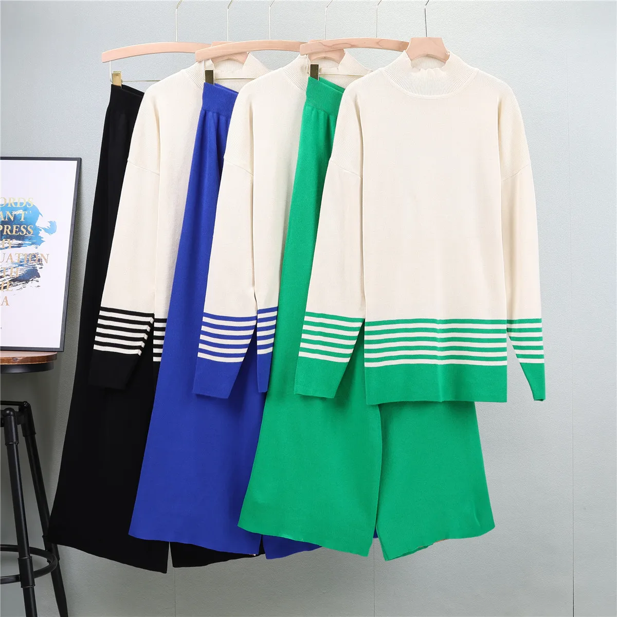 Fashion Semi-turtleneck Striped Knitted Sweater Trousers Two-piece Set