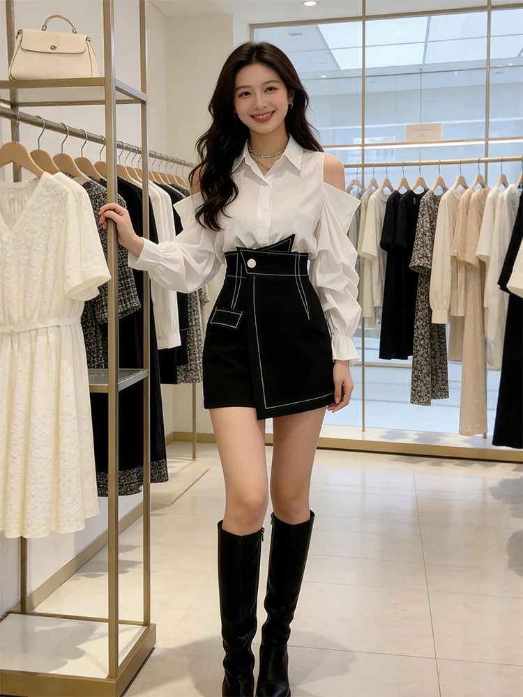 

Shoulder Bared Black Shirt And Pants Set Spring 2026 Fashionable Maturity Style Women's Comfortable Loose Fit Two Piece Suit