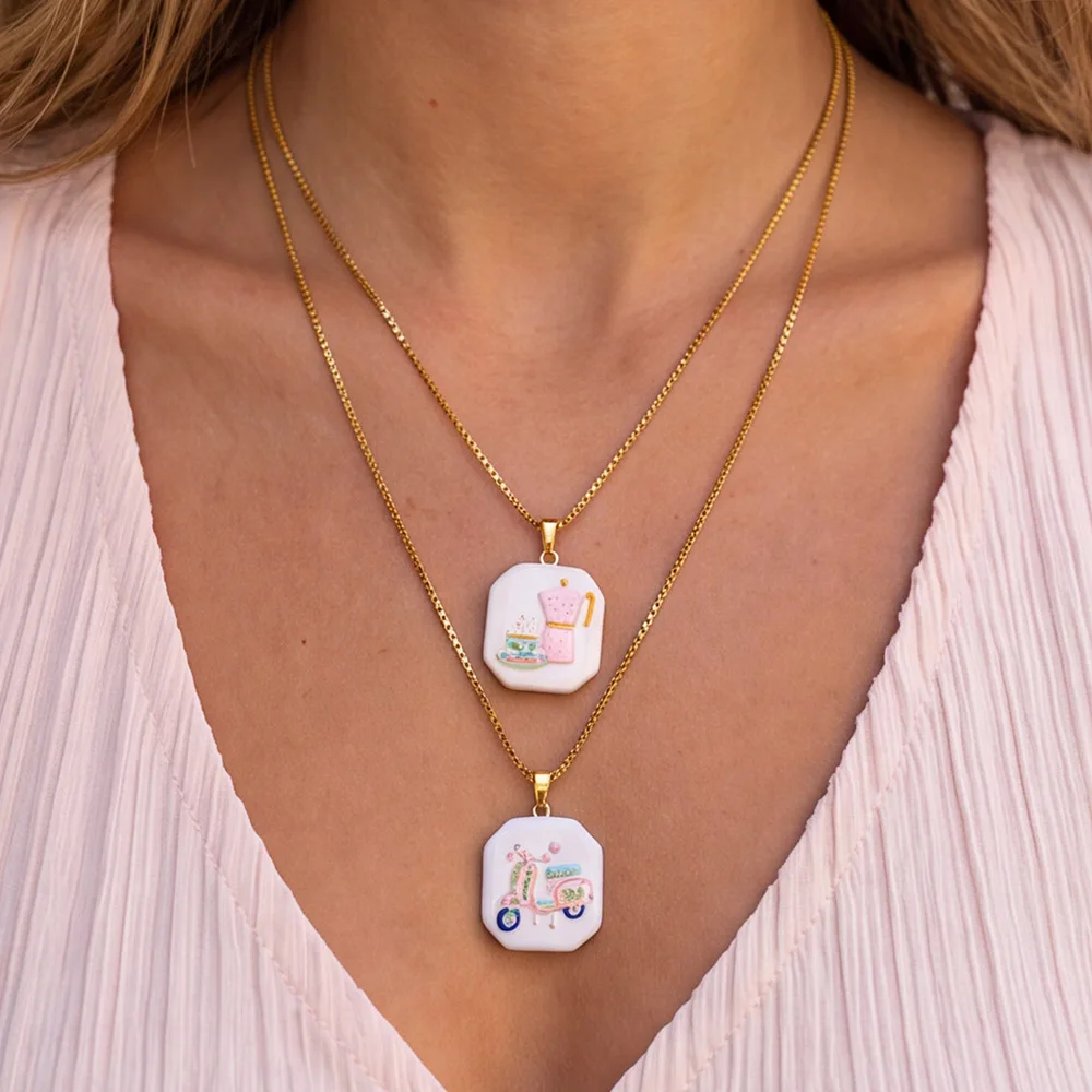 Peri'sbox Handmade Multi-Color Enamel Printed Geometric 18K Gold-Plated Stainless Steel Pendant Necklace DIY Jewelry Accessorie