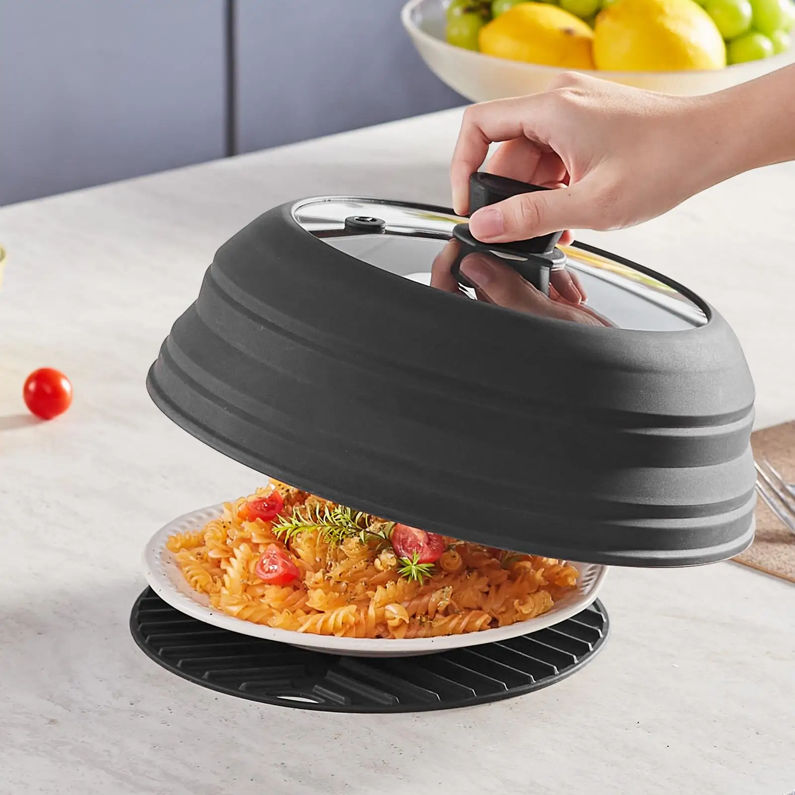 10.8 Inch Collapsible Microwave Splatter Cover and Mat 500°F Heat Resistant Silicone Lid with Tempered Glass Guard Handle for food for plate and Dish Kitchen Gadget