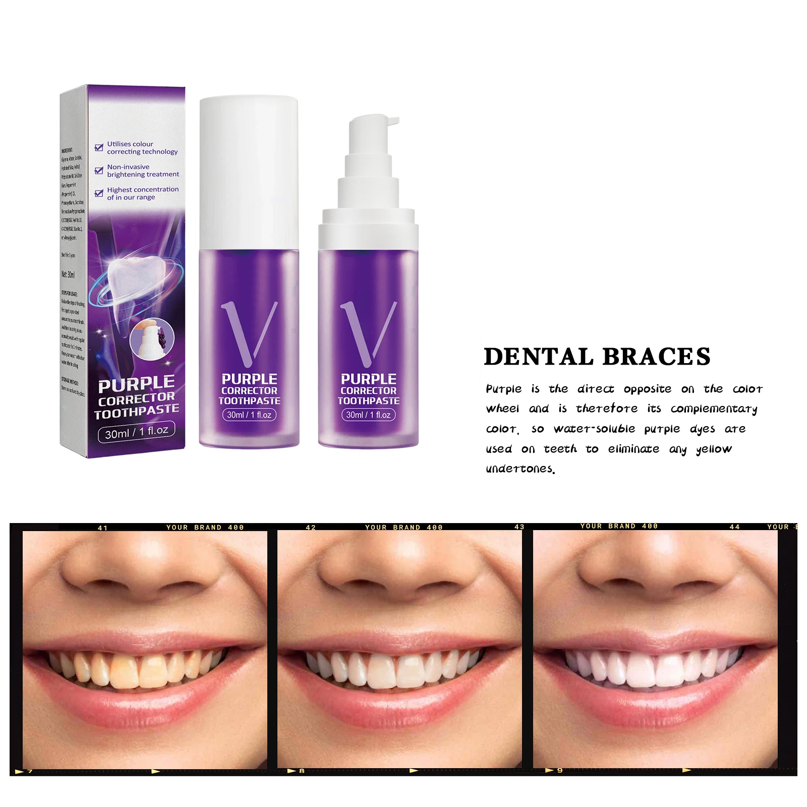 Purple Toothpaste Brightening Removing Deeply Cleaning Gums 30ml for Sensitive Teeth Colour Corrector