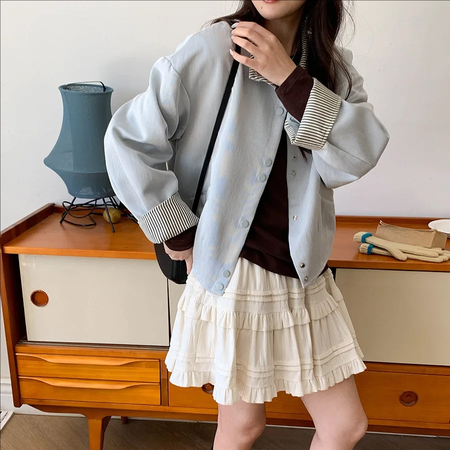 

Женское повседневное лоскутное полосатое осеннее пальто с воротником-стойкой, новинка 2025 года, стильная удобная куртка