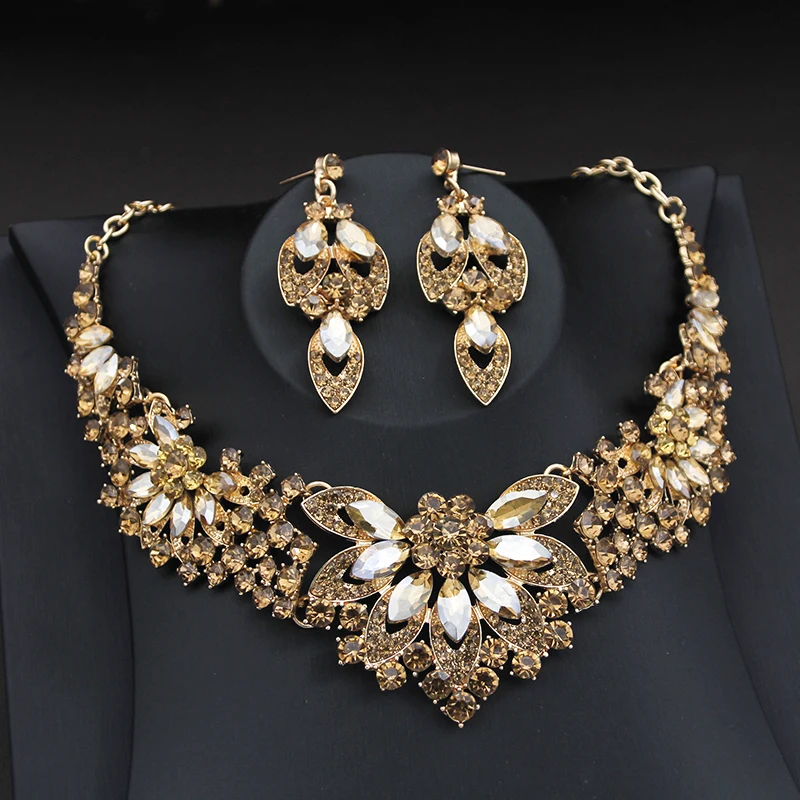 Elegant Champagne Crystal Bridal Jewelry sets and Wedding Crown Tiaras Bride Necklace Earring Dubai Jewelry set Accessories