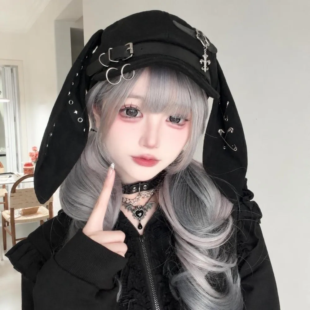 Y2K Style Detachable Long Rabbit Ears Beret Rivet Buckle Solid Color Gothic Punk Hat Subculture Chic Octagonal Hat for Girls