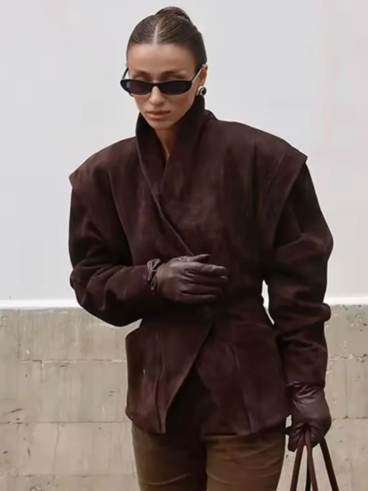 

HH Woman's Autumn Vintage V-neck Suede Single-button Blazer Female High-end Long Sleeve Pocket Decoration Slim Casual Jacket