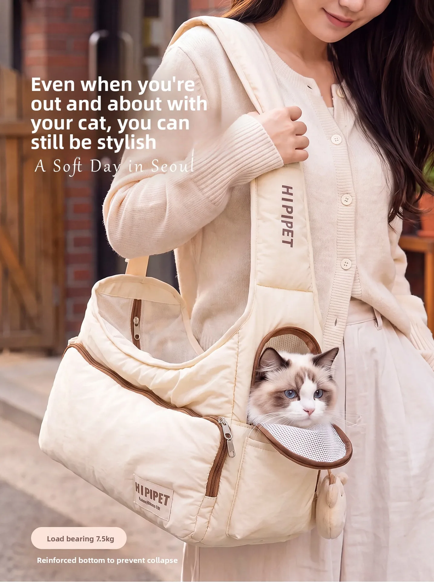 Weiche, gepunktete Puffer-Tragetasche im „Soft Girl“-Stil, großes Fassungsvermögen, verhindert das Herausrennen, atmungsaktiv, für Katzen und Hunde, ideal für Herbst- und Winterreisen im Freien. – Detail 1