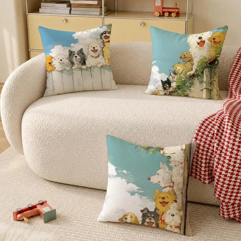 Cute Dog Invitation Play Cushion Cover Anti-dustmite Pillowcase Invisible zipper silky short plush Sofa cushion cover