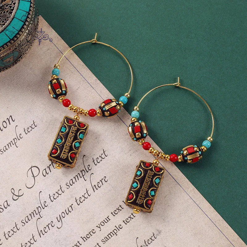 Ethnic Tibetan Style Pendant Earrings for Women Vintage Copper Bead Luxury Gemstone Colorful Jewelry Nepal Exotic Creative Gift