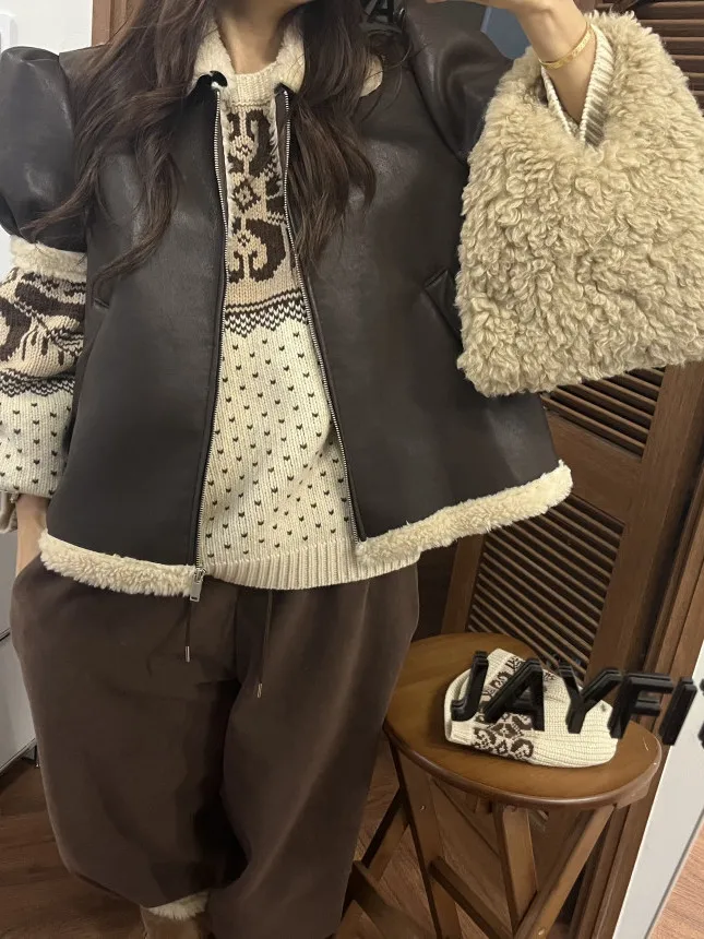 شتاء جديد Sle هونغ كونغ Sle ريترو شيك لامب الفراء جلد السائق Jaet المرأة الراقية يشعر ort ملابس خارجية الكورية فضفاضة تناسب
