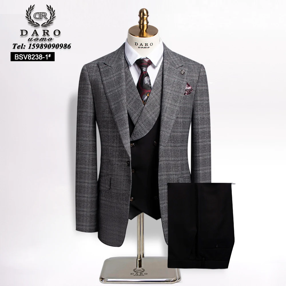 DAROuomo(Jacket+Vest+Pants) Fashion Boutique Lattice Formal Business Mens Suit 3pcs Set Groom Wedding Dress Plaid Suit DRV8238