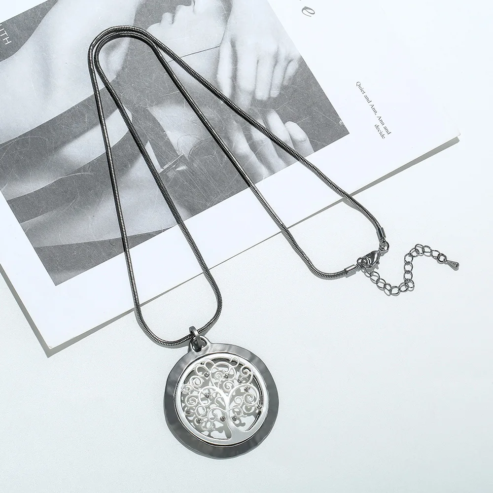 Crystal Tree of Life Pendant Necklace Hollow Out Round Long Necklace Pendant Wedding Jewelry for Women