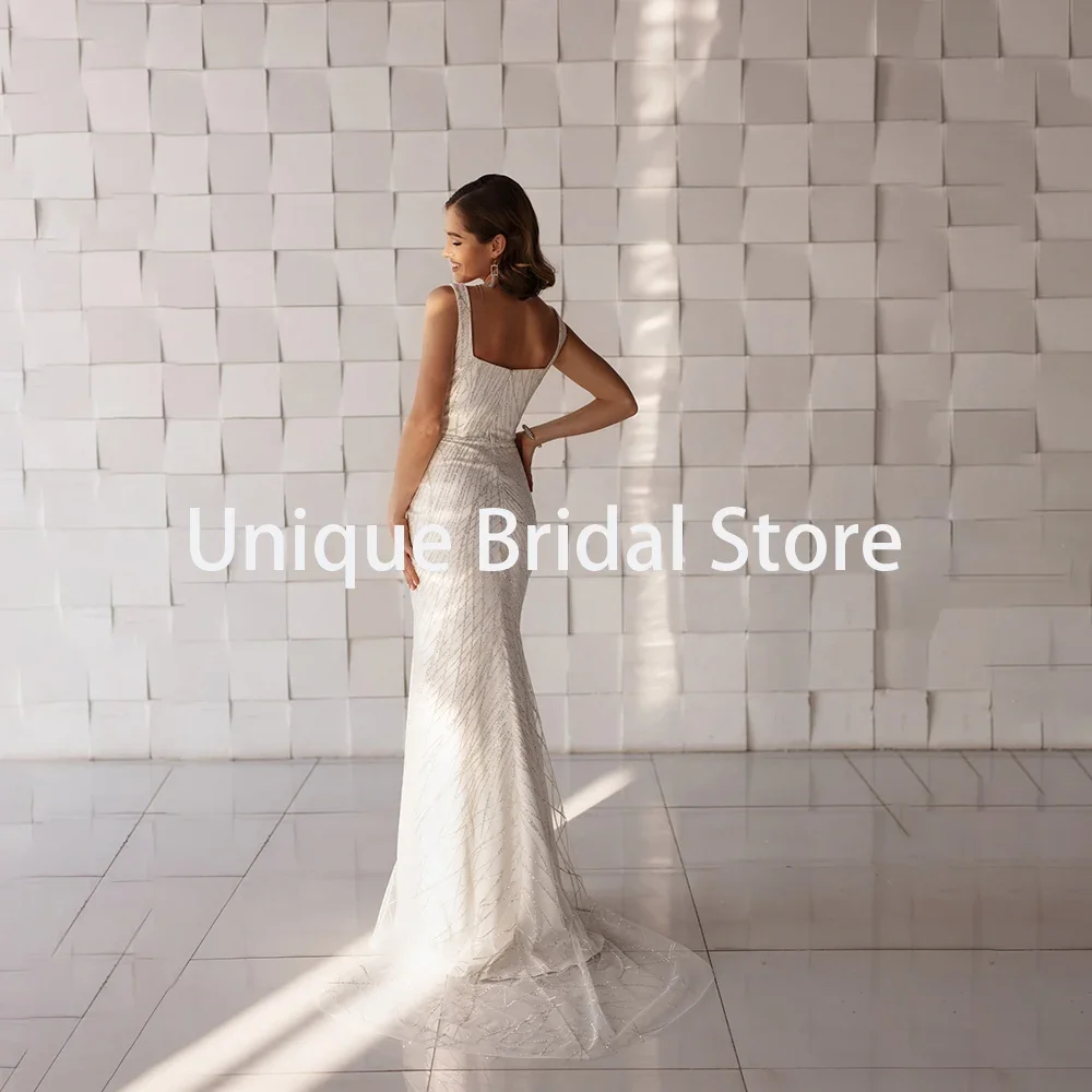 Customized Elegant Brilliant Mermaid Wedding Dress Square Lace Sleeveless with Gorgeous Geometry Bridal Gowns  Train Vestido