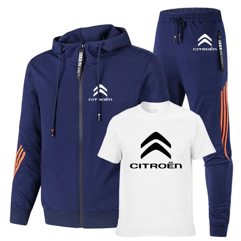 Spring Autumn Men's jackets Citroen Motors Car Logo Print Solid color stripe Cotton Men's sweatshirt+T-shirt+sports pants 3-piec