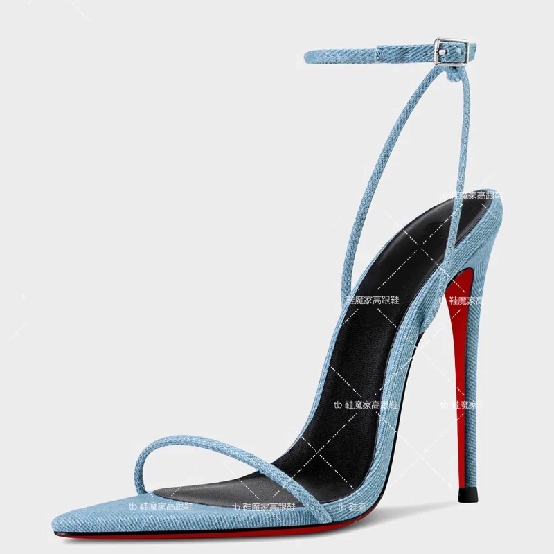 

2025 новые европейские и американские модные женские пикантные джинсовые сандалии на высоком каблуке с острым ремешком 12 см, модные сандалии с одной линией и пряжкой