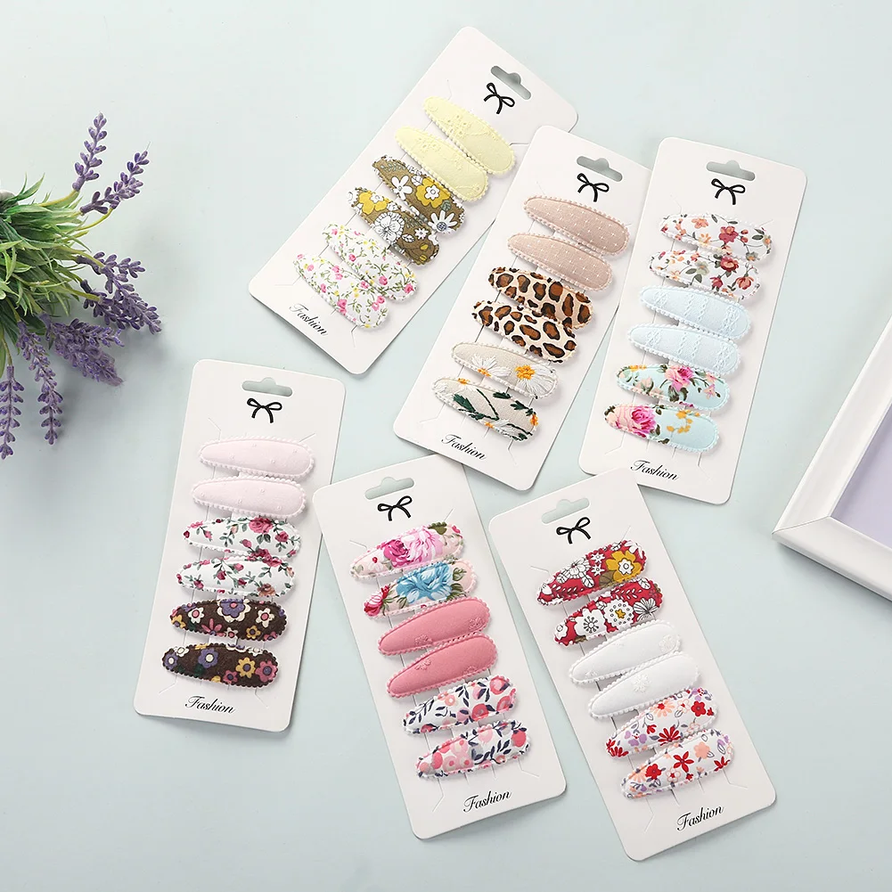 6Pcs/Set Basic Snap Baby Hair Drop Clip Cotton Flower Leopard Print Bobby Hairpin Lace Sweet Summer Plain Striped Hair Bow