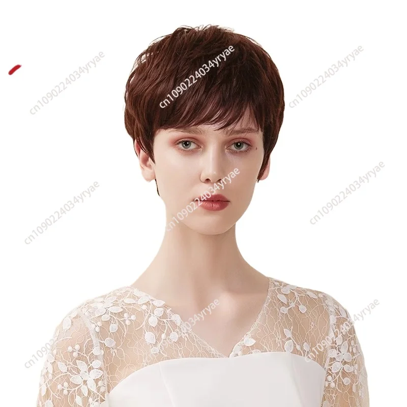 Wig female oblique bangs texture short straight full real hair middle-aged and elderly mother fashionable and realistic headgear