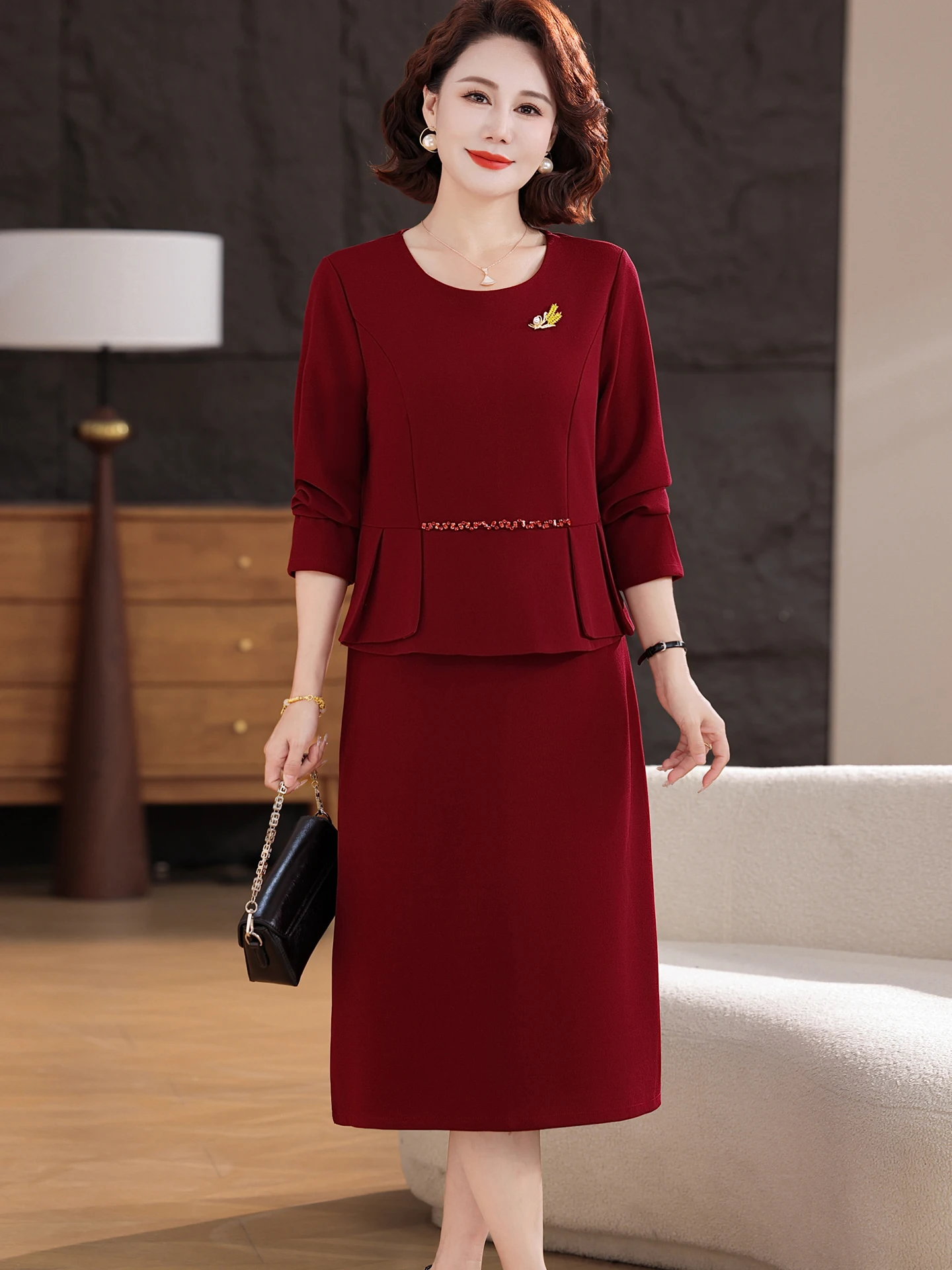 

October Wedding Dress Two-Piece Dress Elegant Matron of Mother of the Groom Spring Autumn Frock Skirt for Elderly Women