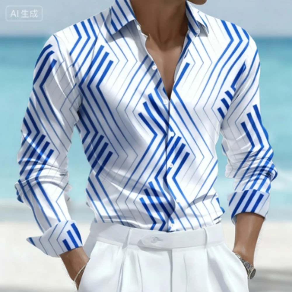قميص رجالي مخطط هندسي بأكمام طويلة وطية صدر السترة كاجوال لقضاء عطلة شاطئ هاواي مصمم عصري قماش عالي الجودة