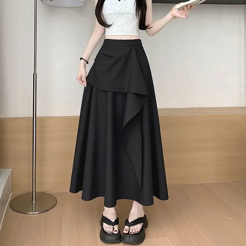 กระโปรงสีพื้นอเนกประสงค์ ฤดูใบไม้ผลิ ฤดูใบไม้ร่วง ฤดูร้อน รุ่นใหม่ เอวสูง กระชับสัดส่วน ยาว เรียบง่าย