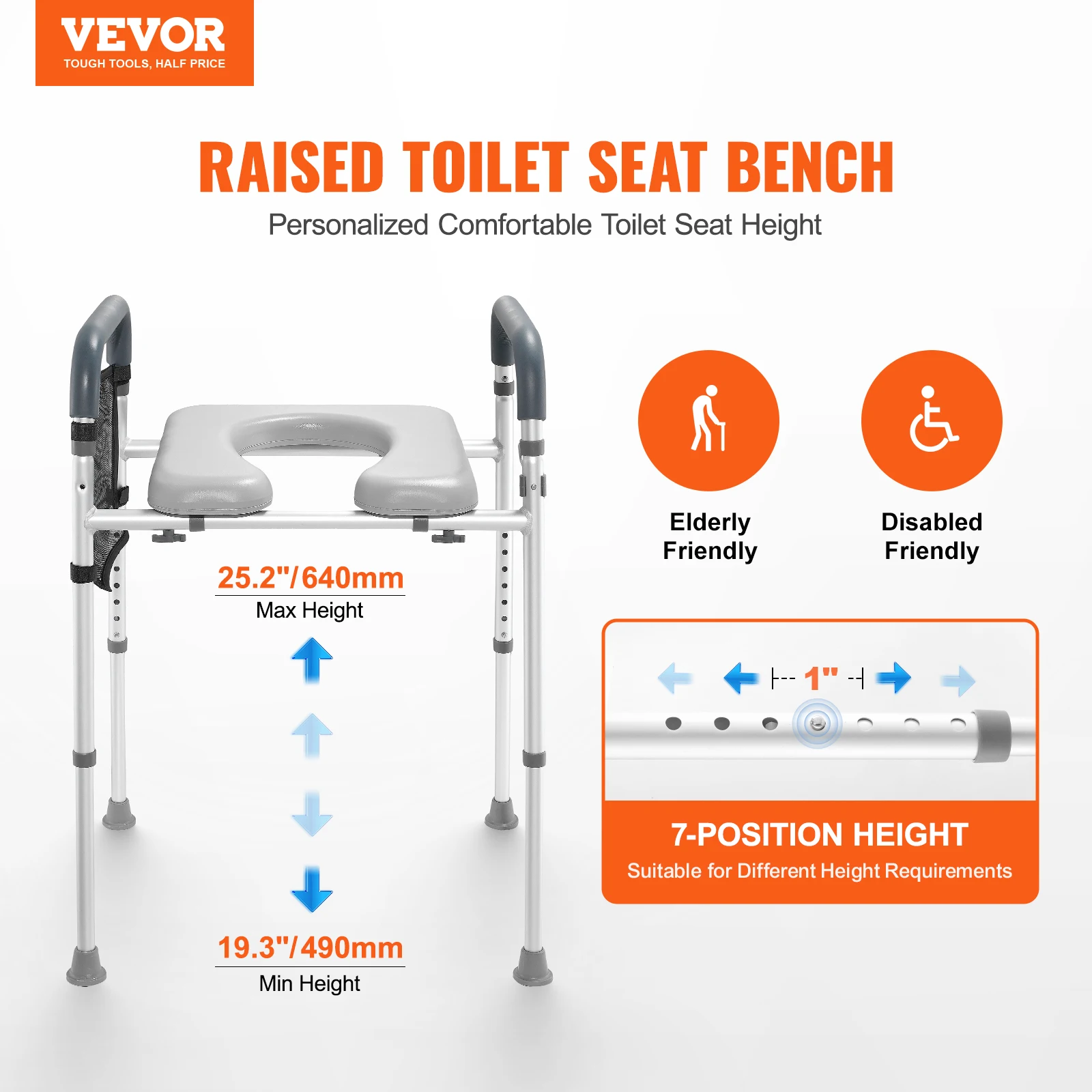 VEVOR Raised Toilet Seat, 7-Position Height Adjustment 19.3