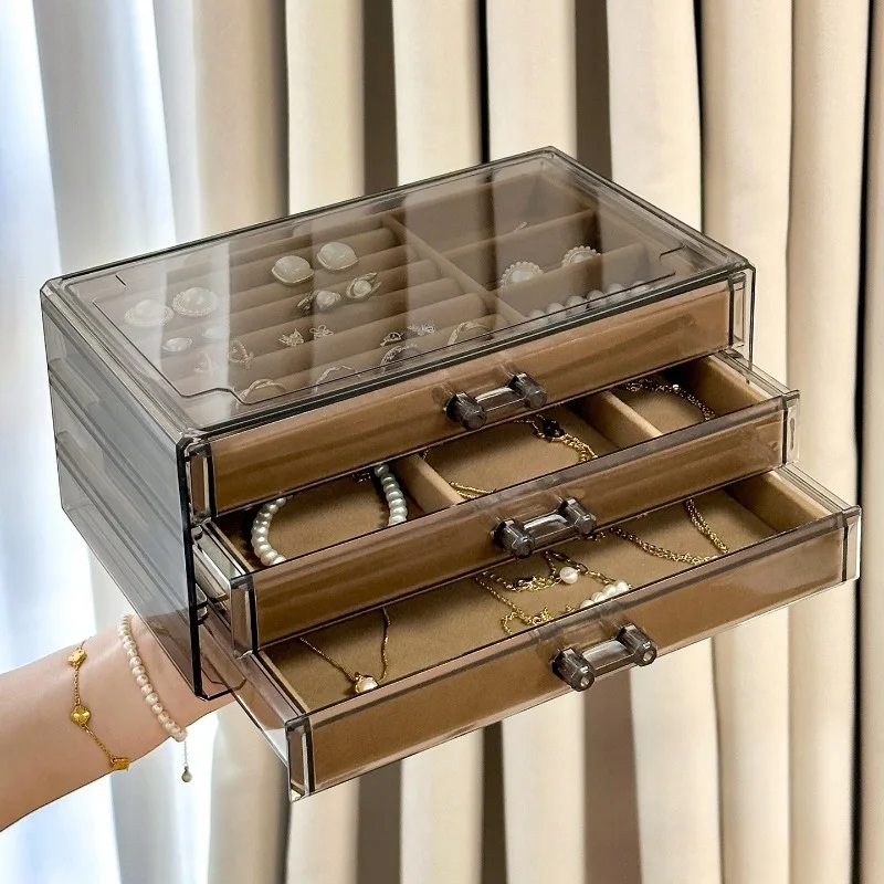 

Multi-Layer Drawer Jewelry Organizer Box - Brown Acrylic Large Capacity Ring and Necklace Storage Case Anti-Oxidation Design
