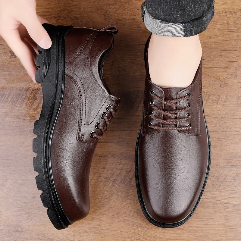 Men's Business Casual Leather Dress Shoes New Thick Bottom Brown/Black Outdoor Beef Tendon Outsole Genuine Leather Work Shoes