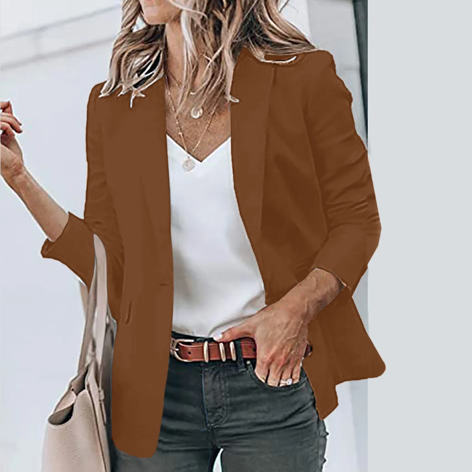 Spring Autumn Business & Leisure Top With Pockets Women\'s Jacket Slim Turn-Down Collar Suit Jacket Coat Long Sleeve Solid Color