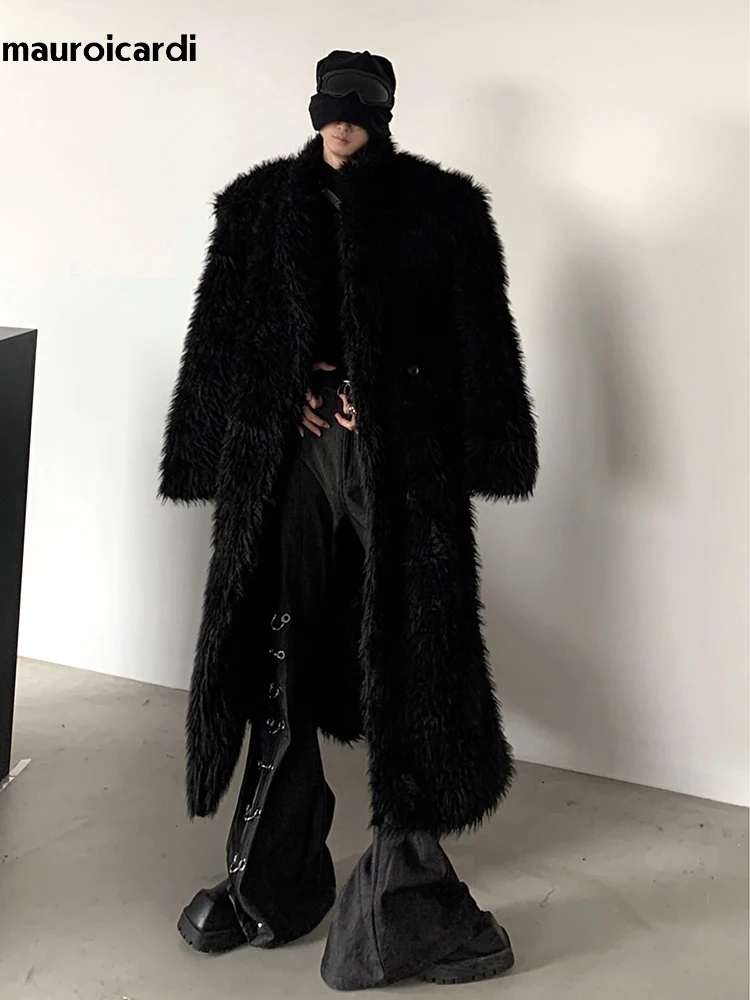 Mauroicardi Autumn Winter Oversized Long Black Thick Warm Soft Fluffy Faux Fox Fur Coat Men Luxury Designer Furry Overcoat 2024