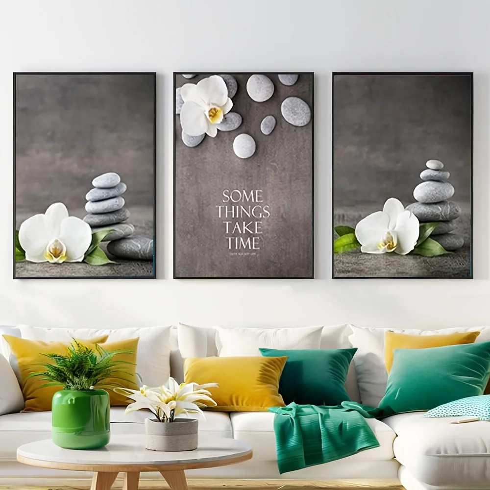 2D Flat, 2D Flat, Set of 3 Unframed 2D Flat Canvas Art Featuring Zen Stones And Elegant White Orchids, Nordic Style Posters A