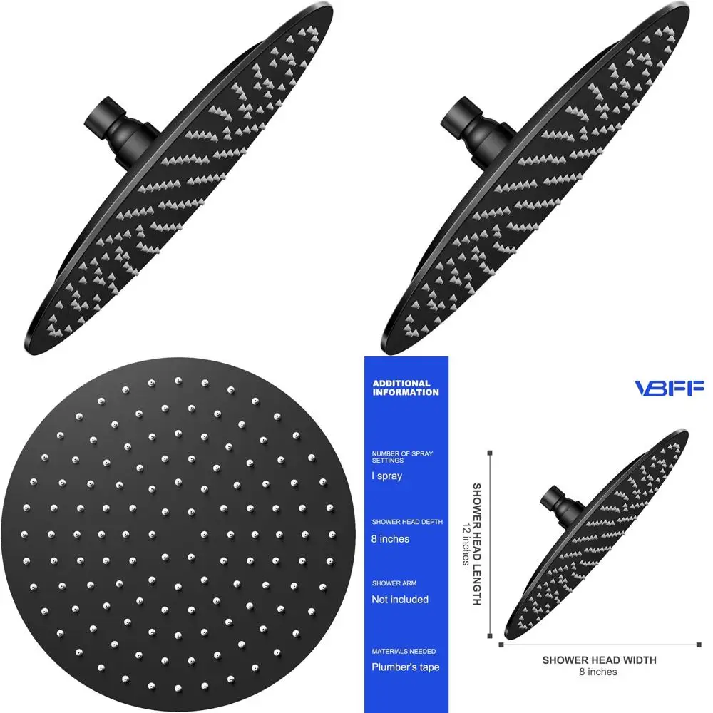 

8 Matte Black Rainfall Shower Head with 1.8 GPM, Round Design