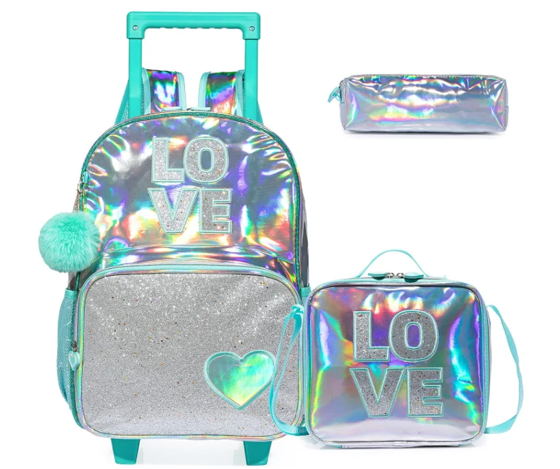 

Школьный рюкзак на колесиках для девочек 16-дюймовый дорожный рюкзак на колесиках с сумкой для обеда Сумка для ручек 3 в 1 Набор школьных сумок на колесиках