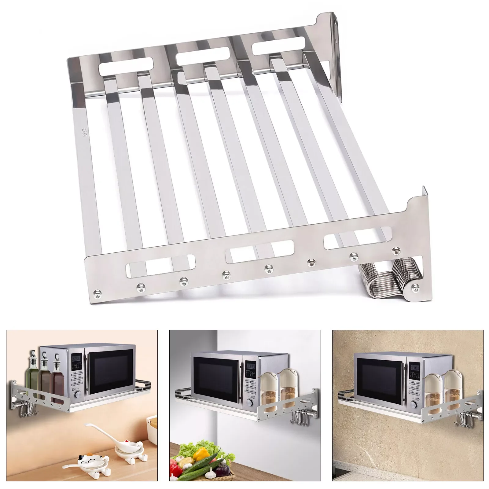 Wall Mount Microwave Oven Shelf Kitchen Item Storage Bracket With 12 Hooks SS201 Stainless Steel Cooker Holder