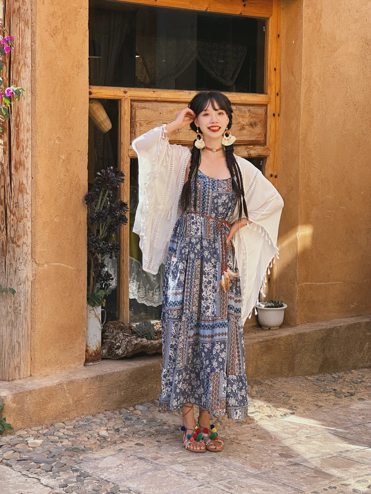 

Ретро-платье-миди с принтом и длинными рукавами для женщин, свободного кроя, из сетчатой ткани, А-силуэт, с длинными рукавами, для путешествий, защита от солнца